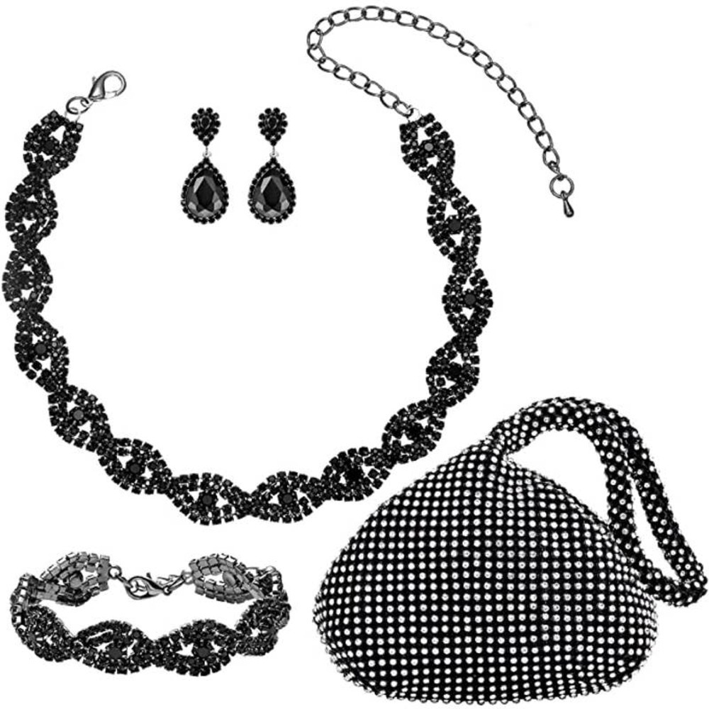 #48 Black Rhinestone Necklace Bracelet Earrings Handbag Crystal Necklace Set